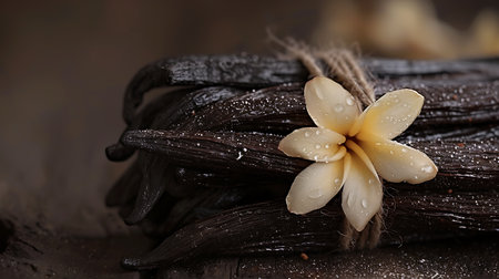 Vanilla pods with flower on wooden table, closeup. Organic productの素材