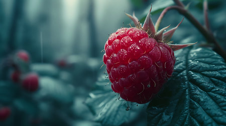 Ripe raspberry with dew drops close-up on a blurred background.の素材