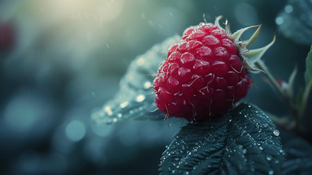Ripe raspberry with dew drops on a green background. Selective focus.の素材