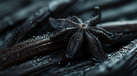 Vanilla pods and star anise on dark background, closeupの素材