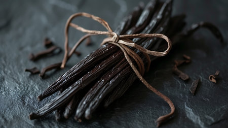vanilla pods on a dark background, close-up, selective focusの素材