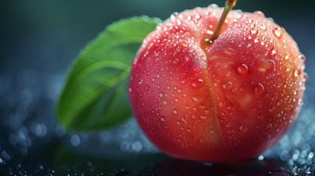 Fresh red plum with water drops on a dark background close-upの素材