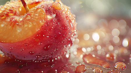 Macro shot of red apple with water droplets on it.の素材