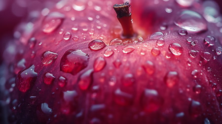 Macro shot of water drops on a red apple. Shallow depth of field.の素材