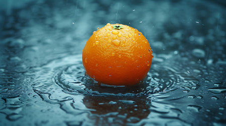Ripe orange with drops of water on a dark background. Toned.の素材