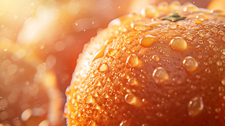 Ripe orange with drops of water on a bokeh backgroundの素材
