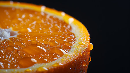 Close up of a slice of orange with water drops on black backgroundの素材