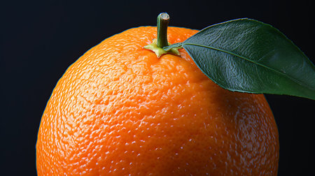 Orange fruit with green leaf isolated on black background. Studio shot.の素材