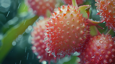 Closeup of red rambutan fruit with rain drops on it.の素材