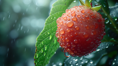 Water drops on a fresh red berry with green leaf in the rainの素材