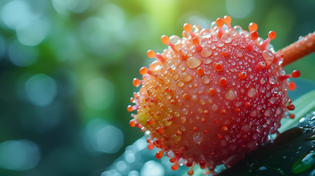 A macro shot of a red flower with water drops on it.の素材