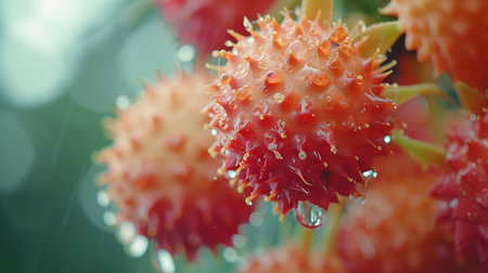 Close up of red lychee fruit with water droplets.の素材