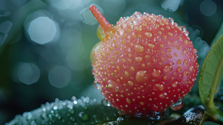 Water droplets on a red berry with bokeh backgroundの素材