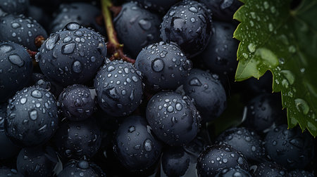 Bunch of fresh ripe black grapes with water drops close up.の素材