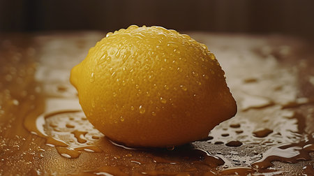 Lemon with water drops on a wooden surface. Close-up.の素材