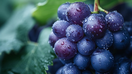 Bunch of black grapes with water drops, closeup shot.の素材
