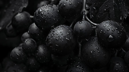 Bunch of black grapes with water drops on a black background.の素材