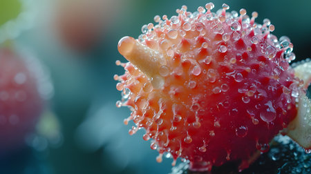 Macro shot of a red berry with water drops on itの素材