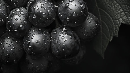 Black grapes with water drops on a black background. Close-up.の素材