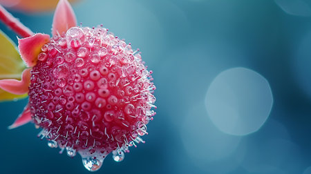 Frozen flower on blue bokeh background. Copy space.の素材
