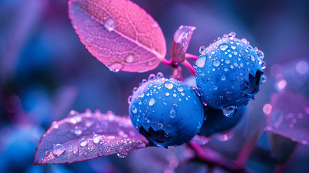 Blueberries on a branch with dew drops close-up.の素材