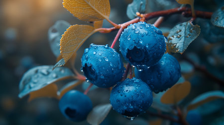 Blueberries on a branch with water drops. Close-up.の素材