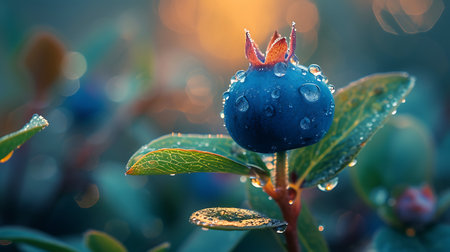 Close up of a blueberry with dew drops after the rainの素材
