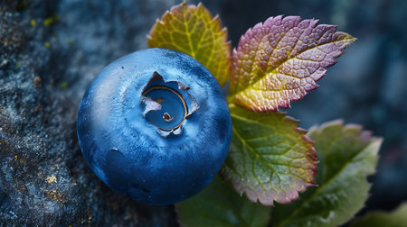 Blueberry on a stone with green leaves close-up macro photographyの素材