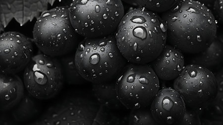 Macro shot of a bunch of black grapes with water droplets.の素材