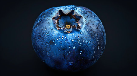 Blueberry with water drops on a black background, close-upの素材