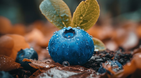 Blueberry with water drops on a background of fallen autumn leaves.の素材