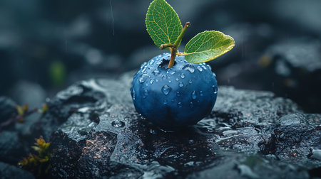 Blueberry with water drops on a black stone. Nature background.の素材