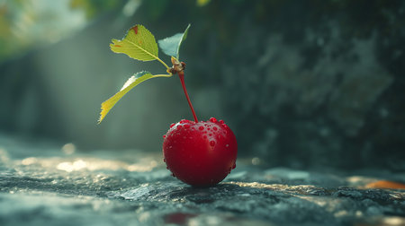 Red cherry with green leaf and water drops on wet stone background.の素材