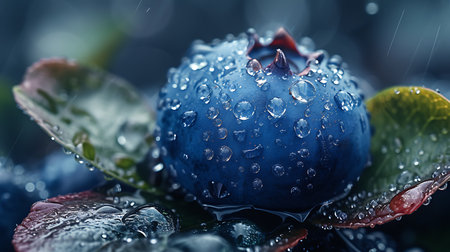 Blueberry with dew drops on a green leaf in the rainの素材