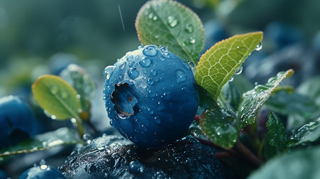 Blueberries on a black stone with dew drops close-upの素材