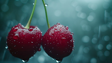 Cherries with water drops on a bokeh background.の素材