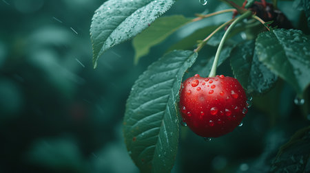 Cherries on a branch in the rain. Rain drops on a cherry.の素材