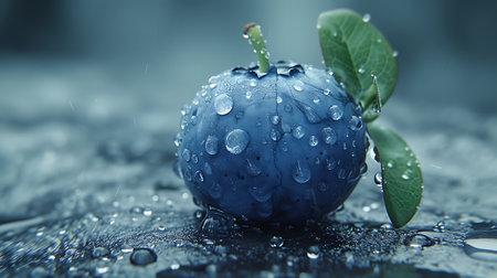 Blue ripe plums with water drops on wet surface, closeupの素材