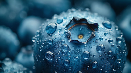 Blueberries with water drops on a blue background. Close-up.の素材