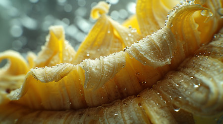 Macro shot of yellow pasta with water droplets on it.の素材