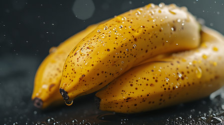 Bananas on a black background with water drops. Close-up.の素材
