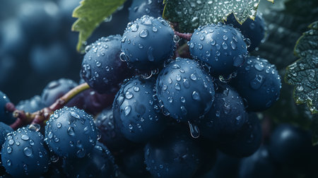 Bunch of ripe black grapes with water drops, close-upの素材