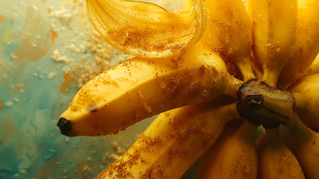 Bunch of ripe bananas with water drops on color background, closeupの素材