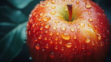 Fresh red apple with water drops on a dark background. Selective focus.の素材