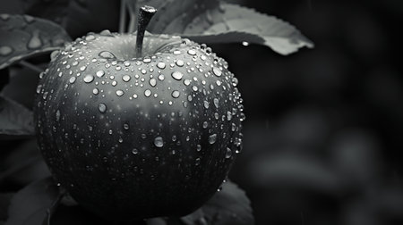 Black and white photo of wet apple with water droplets on itの素材