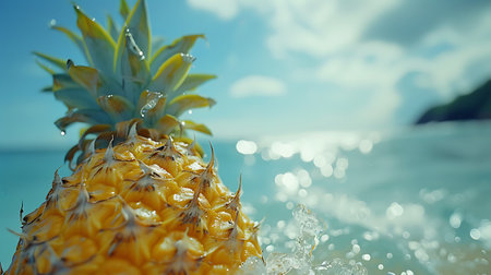 Pineapple on the beach with splashing water, summer conceptの素材