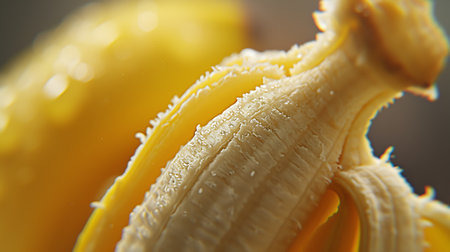 Close up of a fresh yellow banana with water droplets on itの素材