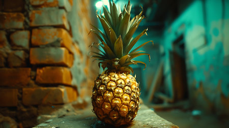 Pineapple on the background of a brick wall. Toned.の素材