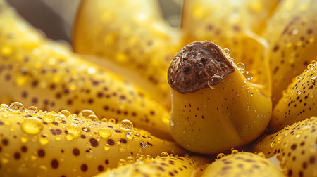 Close-up of ripe banana with drops of water on it.の素材