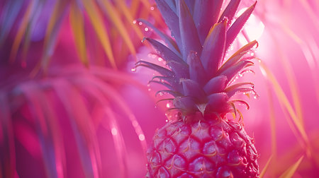 Pineapple tropical fruit on pink background with sunlight and bokehの素材